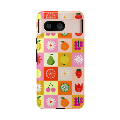 Flowers And Fruit Checkered Phone Cases For iPhone, Samsung Galaxy, and Google Pixel