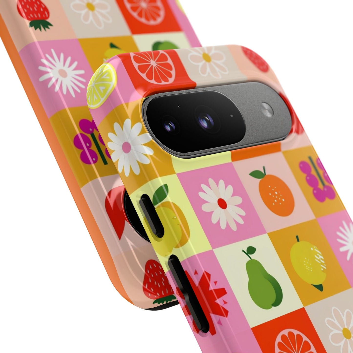 Flowers And Fruit Checkered Phone Cases For iPhone, Samsung Galaxy, and Google Pixel