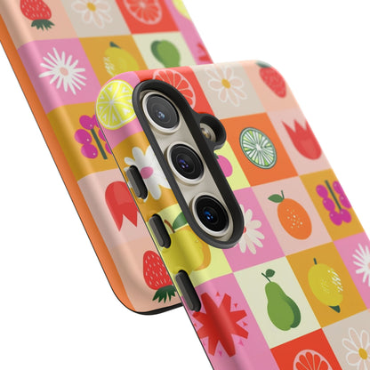 Flowers And Fruit Checkered Phone Cases For iPhone, Samsung Galaxy, and Google Pixel