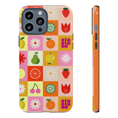 Flowers And Fruit Checkered Phone Cases For iPhone, Samsung Galaxy, and Google Pixel