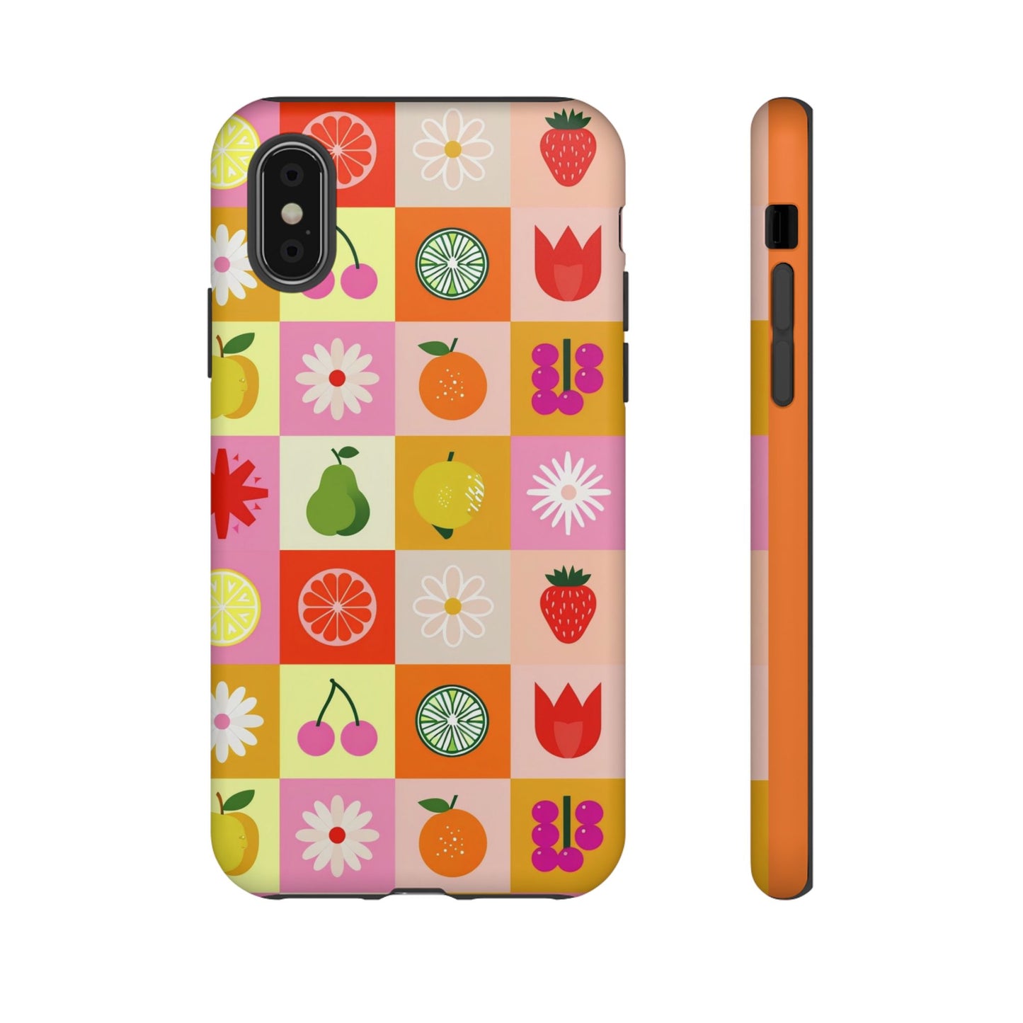 Flowers And Fruit Checkered Phone Cases For iPhone, Samsung Galaxy, and Google Pixel