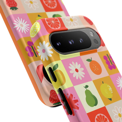 Flowers And Fruit Checkered Phone Cases For iPhone, Samsung Galaxy, and Google Pixel