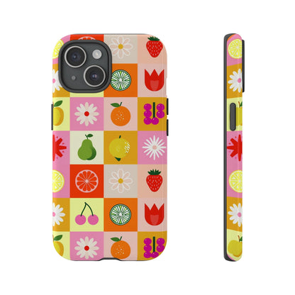 Flowers And Fruit Checkered Phone Cases For iPhone, Samsung Galaxy, and Google Pixel