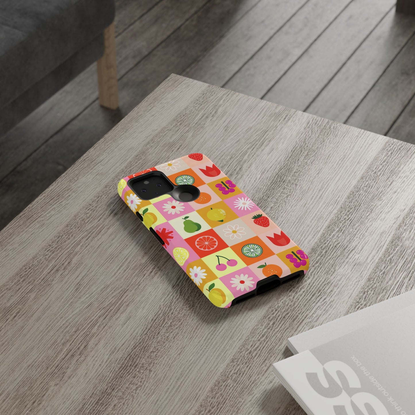 Flowers And Fruit Checkered Phone Cases For iPhone, Samsung Galaxy, and Google Pixel