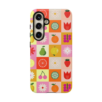 Flowers And Fruit Checkered Phone Cases For iPhone, Samsung Galaxy, and Google Pixel