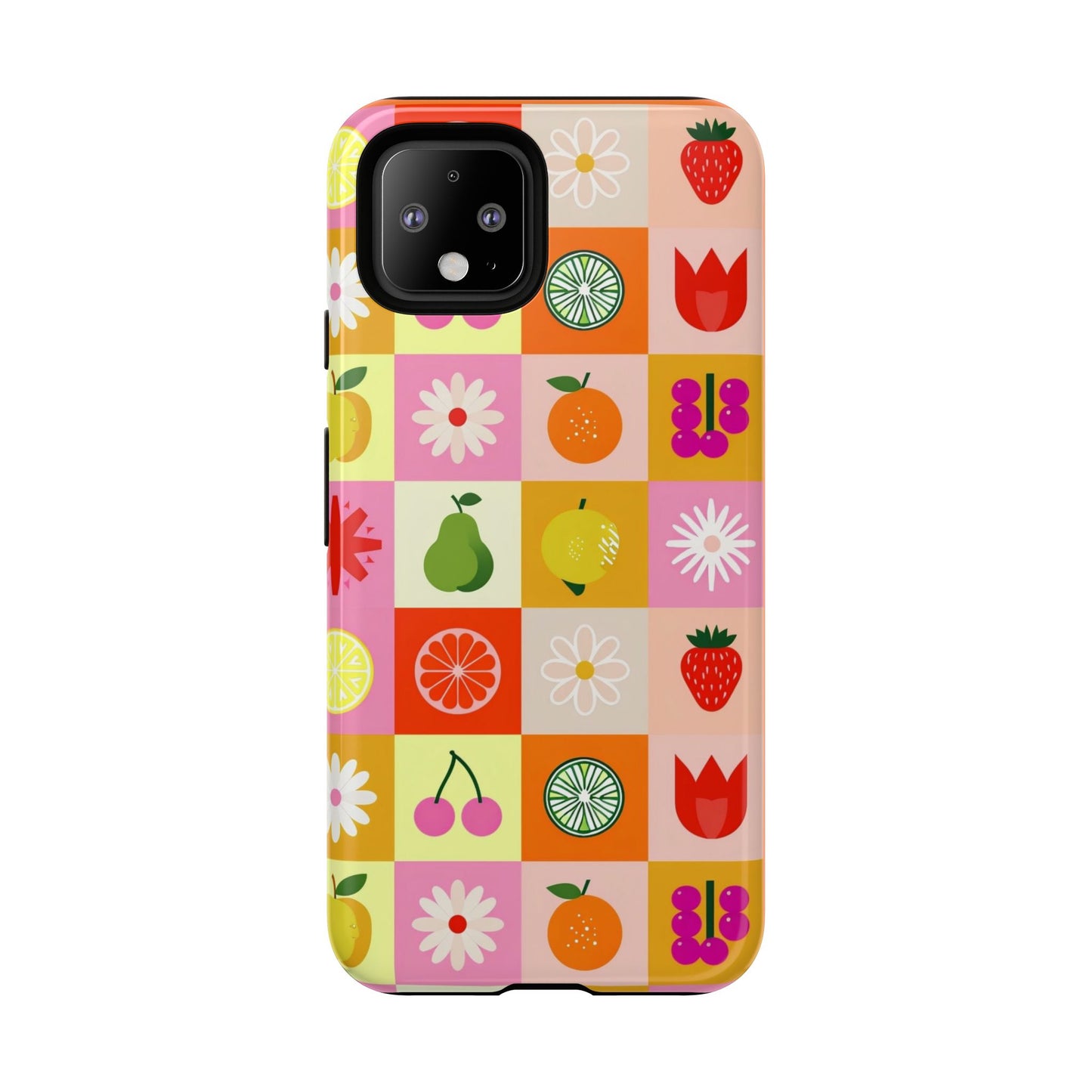 Flowers And Fruit Checkered Phone Cases For iPhone, Samsung Galaxy, and Google Pixel