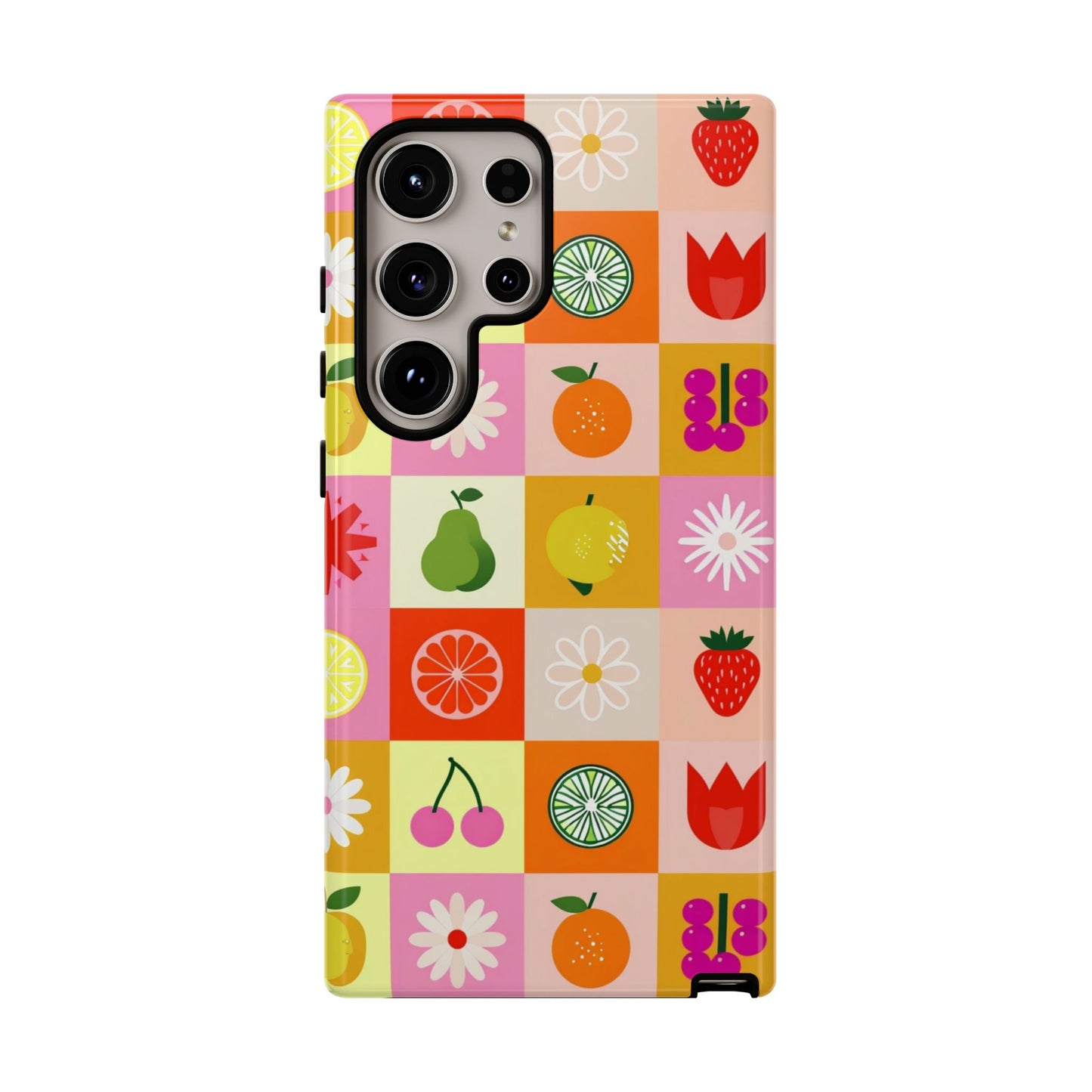 Flowers And Fruit Checkered Phone Cases For iPhone, Samsung Galaxy, and Google Pixel